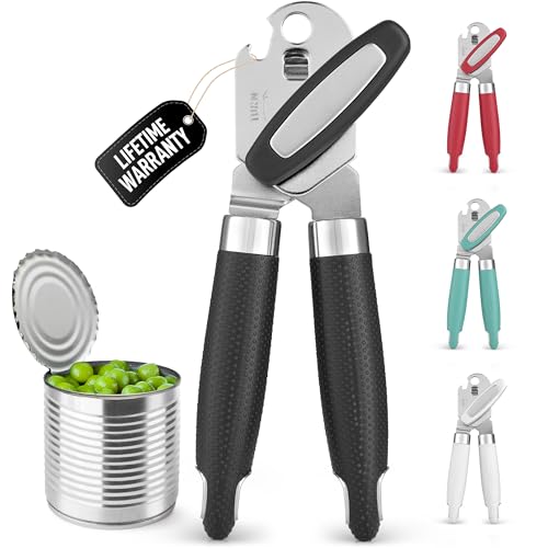 Zulay Kitchen Heavy Duty Stainless Steel Can Opener Manual with Large Bottle Opener - Manual Can Opener with Turn Knob with Soft Grip Handles - Black