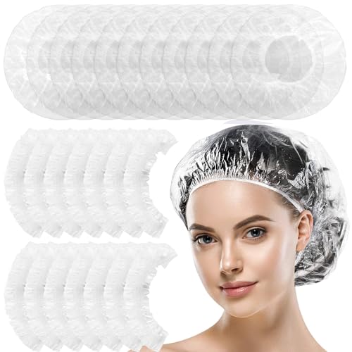 Giantree 100 gorros de ducha desechables, impermeables, de plástico grueso, transparente, para mujeres, spa, salón, tratamiento capilar, hotel, accesorios de viaje, tamaño regular, 16.5 pulgadas