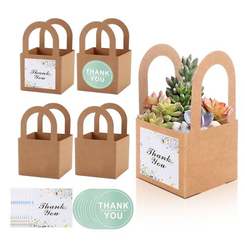 ALLWSLucky 50 PCS Succulent Wrap Bags with 100 PCS Thank You Stickers, Fits 2.36 Inch Pots Succulent Gift Box Basket with Handles for Wedding Shower Party Favors Ideas