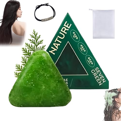 Nature Triangle Shampoo Bar, Nature Seven Green Soap Shampoo, 120g Glutinous Rice Water Solid Shampoos Bar, Gentle Cleansing, Calming & Strengthens Hair for Women and Mens (1pc)
