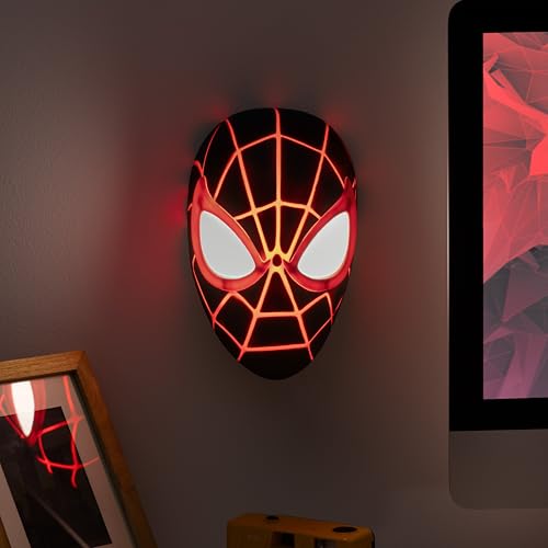 Image of Paladone Miles Morales Spider-Man Mask LED Light - Wall-Mount or Freestanding Lamp | Official Marvel Collectible for Bedrooms, Game Rooms & Gifts