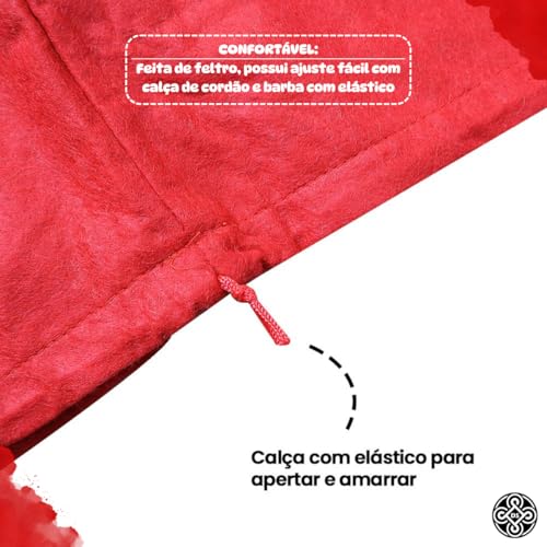 Fantasia Clássica de Papai Noel, Blusão Vermelho, Calça, Cinto, Gorro e Barba Branca