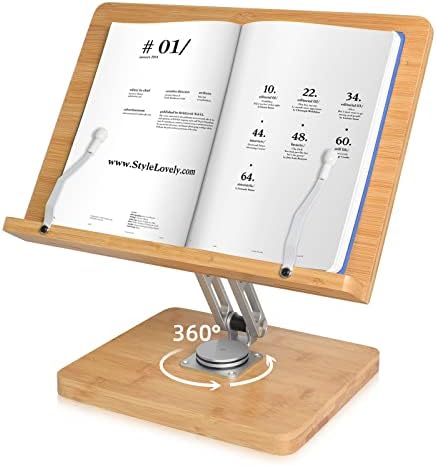 Crocqett 360° Degree Book Stand for Reading - Book Holder Height Adjustable Cook Book Stands with Paper Page Clips for Kitchen Books Laptop Textbook Recipe Document