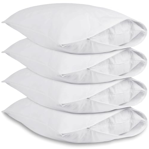Pillow Protectors Pack of 4 Cotton White Pillow Case Covers Zipped Soft Anti-Allergy Cotton Pillowcase Protection 48 X 74 cm