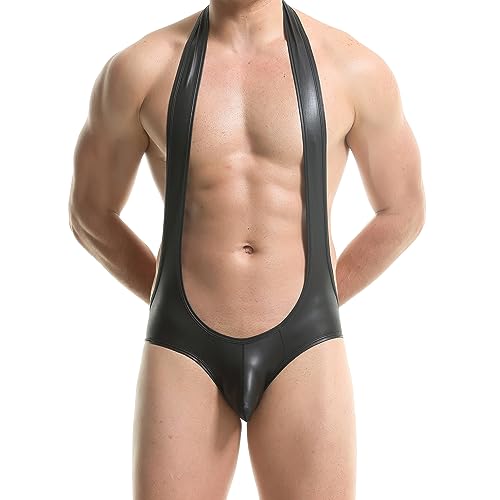 DTODWW Men's Faux Leather Shapewear Bodysuit One-Piece Wrestling Singlet G-String Thong Boxer Shorts2