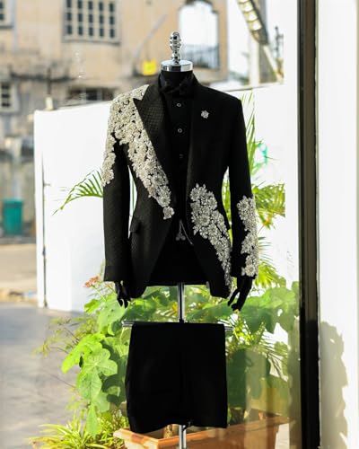 Mens Luxury 2 Piece Wedding Suit Slim Fit Peaked Lapel Jacket Blazer Pants with Handmade Floral Rhinestone for Prom2