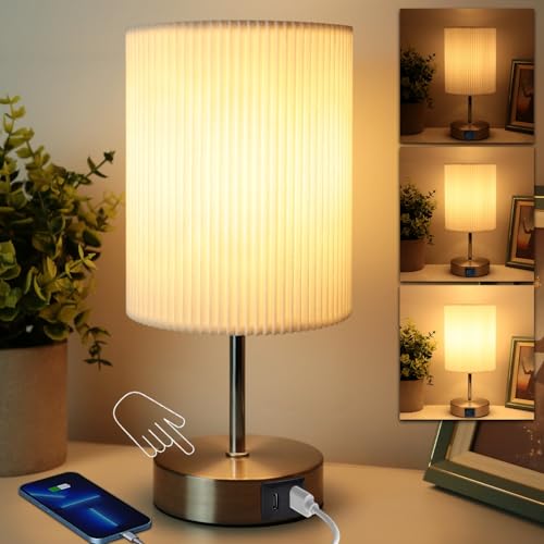Bedside Lamps, Touch Control Table Lamp with Metal Base 3-Way Brightness Changing Dimmable USB A+C Charging LED Light Bulbs Desk Lamp Minimalist Night Light for Bedroom Living Room