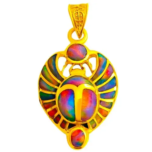 Egyptian Jewelry Gold-Filled Ancient Egyptian Amulet, God and Goddess Talsiman Pendant, Divine Minimalist Gold Pendant Necklace Gift for Men and Women (Pinky Opal Scarab Pendant)