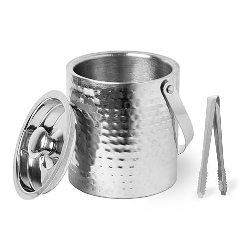 Image of Sipologie Stainless Steel Double Wall Ice Bucket with Tong [1500 ml] - Full Hammered Finish, Insulated with Lid & Handle for Home Bar & Parties