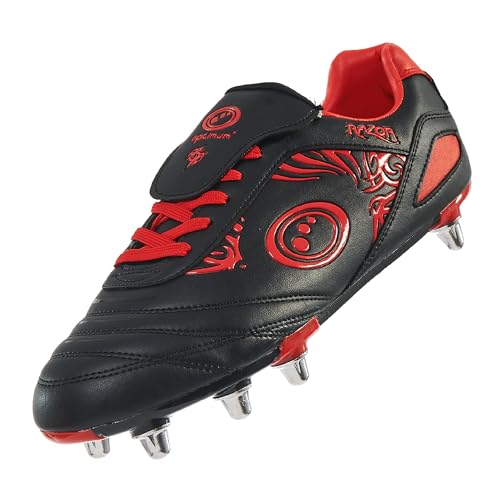 Optimum Razor Mens Rugby Boots, Lightweight 8 Stud Design Crafted for Elite Traction & Power to Drive Through the Scrum, Performance Ready for Soft Ground (SG) Grass Pitches - Black/Red, Size 13