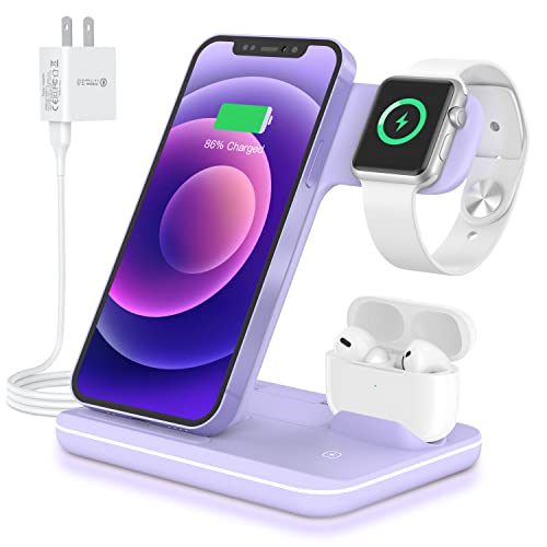 WAITIEE Wireless Charger 3 in 1,15W Fast Charging Station for Apple iWatch 7/6/SE/5/4/3/2/1,AirPods Pro,Compatible with iPhone 13/12/12 Pro Max/11 Series/XS Max/XR/XS/X/8/8 Plus/Samsung Galaxy(Purple)