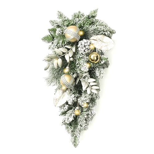 Valery Madelyn 24 Inch Pre Lit Christmas Teardrop with 15 Led Lights Christmas Swag Decorations with Gold Baubles Ornaments for Front Door Staircase Porch Outdoor Window