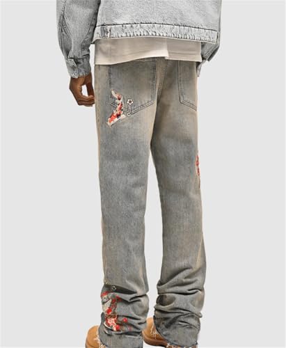 Men's Jeans Distressed Floral Embroidery Straight Leg Stretch Denim Pants Streetwear Trousers3