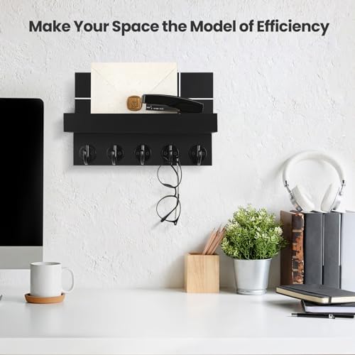 Wall Mounted Key Holder - 9.8" x 6.7" x 4.2" Decorative Wall Shelf with Hooks Holds Key Rings, Dog Leash, Wallet, Purse - Real Paulownia Wood Entryway Shelf for Rustic Farmhouse Decor (Black) - Image 6