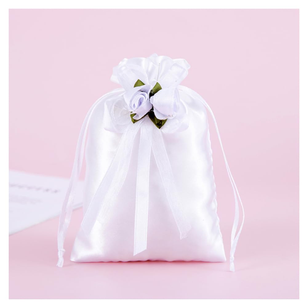 50pcs 13×18cm Geschenktüten mit Kordelzug und Blumen, Satin Schmuckbeutel Geschenkbeutel Aufbewahrungsbeutel für Hochzeit Babydusche Weihnachten Party Schmuck Süßigkeiten Weiß