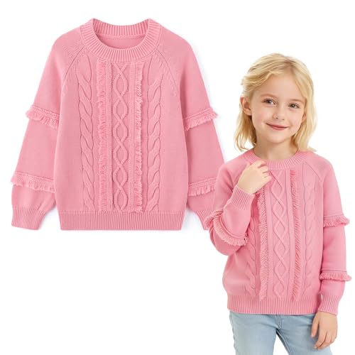 Image of Curipeer Girls Pullover Sweaters, Lace-up Long Sleeve Crewneck | Soft Warm Classic Cable Knit, Winter Fall Spring Daily Wear, Little Kids Tween Girl
