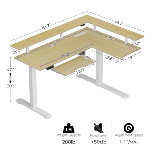 Image of Rolanstar L Shaped Standing Desk with Keyboard Tray, Height Adjustable Corner Desk with LED Light & Power Outlet, Electric Sit Stand Computer Desk with Monitor Stand, Beige