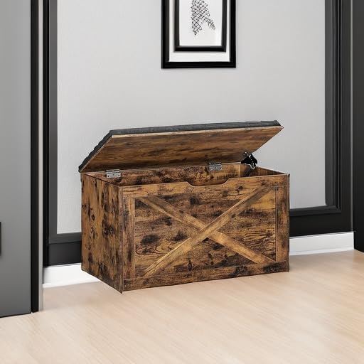 Barrualdea view of the VASAGLE ULHS056X01 Storage Bench showing the open lid and safety hinge mechanism.