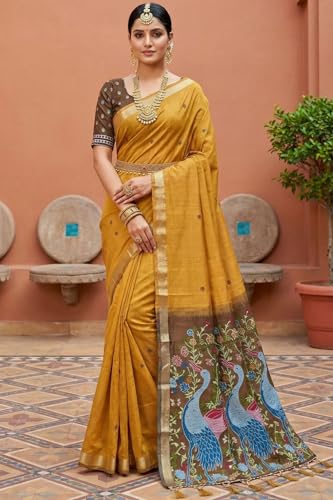Image of SGF11 Women's Soft Cotton Linen Silk Saree With Unstitched Blouse Piece