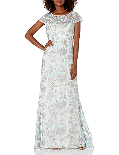 Calvin Klein Women s Cap Sleeve Gown with V Neck Back, White Multi, 8