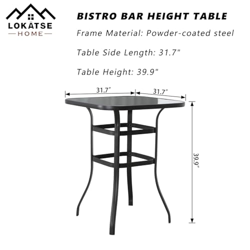 Image of LOKATSE HOME Outdoor Bistro Bar Height Table Metal Frame Square Tempered Furniture Glass Top All Weather for Patio