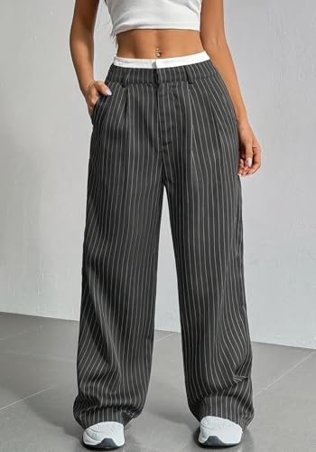 HuiSiFang Women's Striped Pants Color Block Casual High Waisted Elastic Wide Leg Loose Fit Dress Pants Straight Trousers3