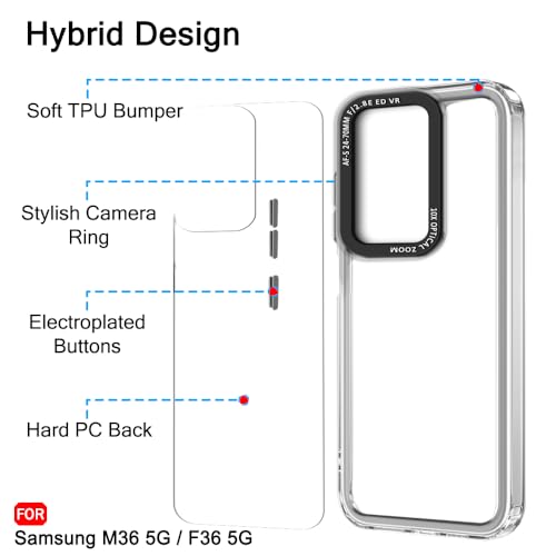 Image of TheGiftKart Hybrid Shockproof Back Cover Case for Samsung Galaxy M36 5G / F36 5G | Stylish Camera Border | Electroplated Buttons | Crystal Clear Hard Back Cover Case (TPU & PC, Transparent Bumper)