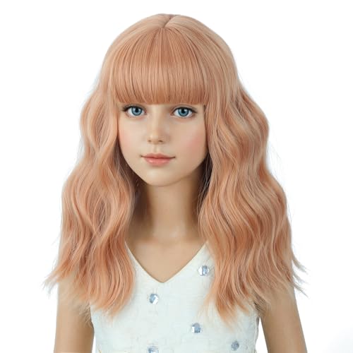 Image of PATTNIUM Light Orange Wig for Kids Girls Short Orange Curly Wigs with Bangs Shoulder Length Wavy Heat Resistant Synthetic Wig