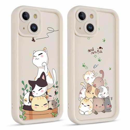 Kueqeay 2 Piezas Funda para iPhone 15 6,1”, Mate Carcasa Aesthetic Gato Dibujos Ultra Suave TPU Delgada Silicona Case Antigolpes Antiarañazos Bumper Protectora Cover, 03