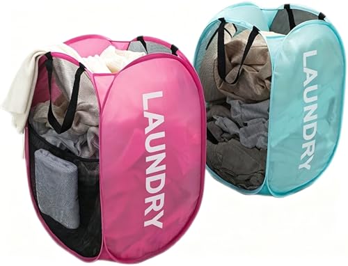 2Pack Mesh Pop Up Laundry Hamper, Two Sided Hamper Foldable Collapsible Portable Clothes Basket with Side Pocket for Home, Dorm, Nursery, Laundry Room, Travel, Cruise (Pink+Blue)