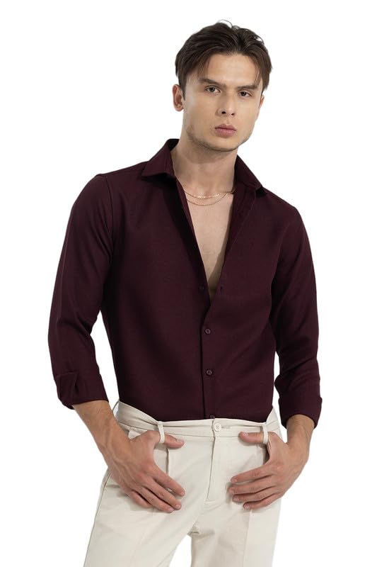Image of SNITCH Men Cotton Crapepoly Maroon Spread Collar Solid Slim Fit Shirt, 2XL