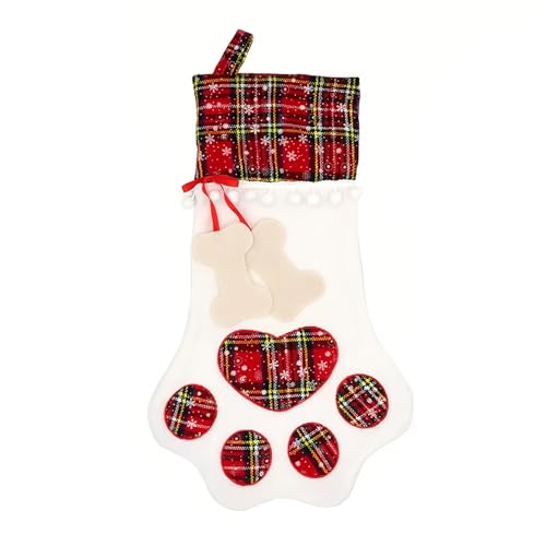 1 Pieces Christmas Pet Stockings, Cat Dog paw Stocking with Hanging Loop, Festive Fireplace Hanging Stockings Decor for Cat Dog Themed Holiday Celebrations, Christmas Decoration