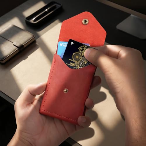 Image of The Wallet Store Flip 2.0 Genuine Leather Vertical Slim Wallet for Men | Pull-String Quick Card Access | Compact Front Cash Pocket & Button Lock | Minimalist Travel & Daily Carry Wallet (Red)
