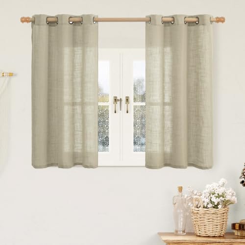 Image of LAMIT Sheer Linen Kitchen Curtains Over Sink 40 Inch Length, Oatmeal Bronze Grommet Window Drapes Light Filtering Neutral Boho Panels for Bathroom /Cafe, 2 Panels, 34 x 40 Inch