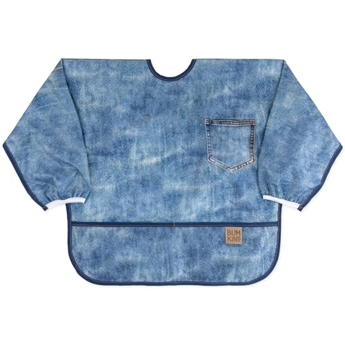 Image of Bumkins Sleeved Bib for Girl or Boy, Baby and Toddler for 6-24 Mos, Essential Must Have for Eating, Feeding, Baby Led Weaning Supplies, Long Sleeve Mess Saving Food Catcher, Soft Fabric, Faux Denim