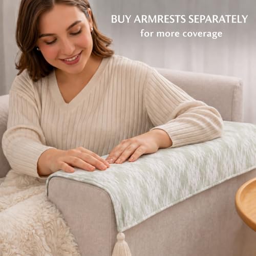 Image of STITCHNEST 'Verdant Ikat Stories' 3 Seater Sofa Cover - Full Coverage| Elegant Jacquard Fabric, Decorative Tassels, Washable & Durable for Modern Living