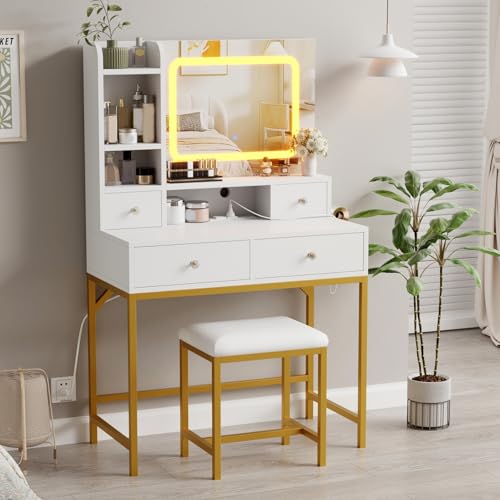 GarveeHome Makeup Vanity Desk with Mirror, Desk with Lights in 3 Colors, Girls Vanity Table with Charging Station, 4 Drawers, 6 Storage Shelves for Bedroom, White Gold