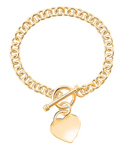 Savlano 14K Gold Plated Toggle Heart Charm Bracelet -7.5” inch Rolo Chain Bracelet Comes With Gift Box for Women