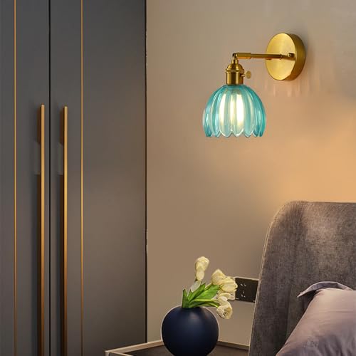 Image of Vintage Wall Sconces with Gold Finish, Adjustable Arm, Ribbed Glass Shadewall Light fixtures Wall Lights for Bedroom, Living Room, Hallway, or Bathroom (Blue)