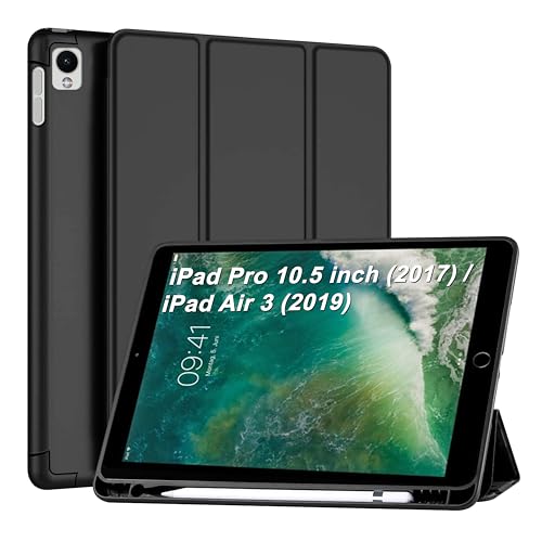 Image of CEDO Tri-Fold for iPad Pro 10.5 (1st Gen) 2017 / iPad Air 3 (3rd Gen) 2019 (10.5 inch) Smart Case Flip Cover with Multi Viewing Angles Stand | Pencil Holder | Heat Dissipation | TPU Backcover (Black)