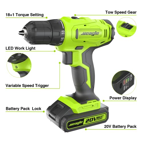Meagle Cordless Drill, 20V Power Drill Set With Battery & Charger, 2 Variable Speed Electric Power Drill 18+1 Torque Setting, 3/8” Chuck With Drill Bits& Tool Bag #TOP1