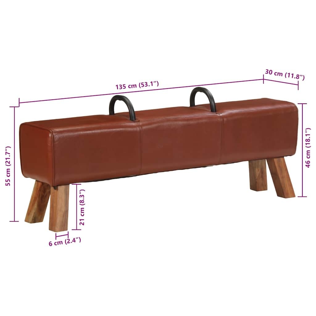 Banc Cheval d'Arçon Style Vintage Cuir de Chèvre et Bois 135 cm