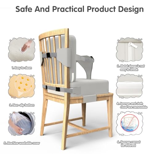 Image of Toddler Booster Seat for Dining Table,Booster Seat for Kitchen Chair with Extended Straps,2PCS Portable with Safety Buckles,Suitable for Kids Aged 3-12 in Restaurants(Silver Gray)
