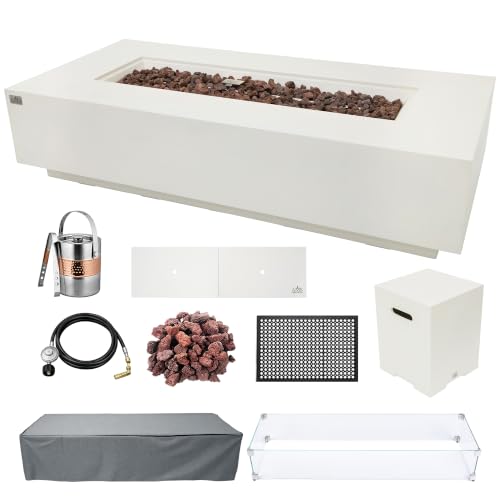 Image of AMS Creations | Savanah 72 inch Bundle Rectangular Cast Concrete Propane Gas Fire Pit Table | Cream White | Smooth Texture Surface | Electronic Ignition | Outdoor Patio Heater Outside Backyard Fireplace