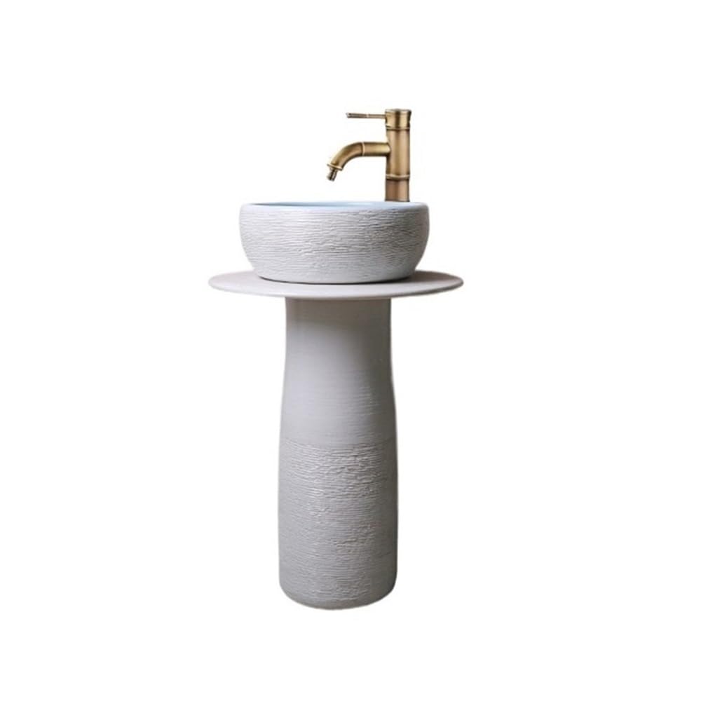 Free-Standing Ceramic Pedestal Sink with Faucet and Drain Bathroom Floor-Standing Wash Basin Lavatory Column