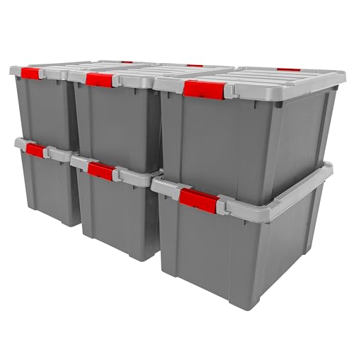 IRIS USA 20 Gallon Lockable Storage Totes with Lids, 6 Pack - Gray, Heavy-Duty Durable Stackable...