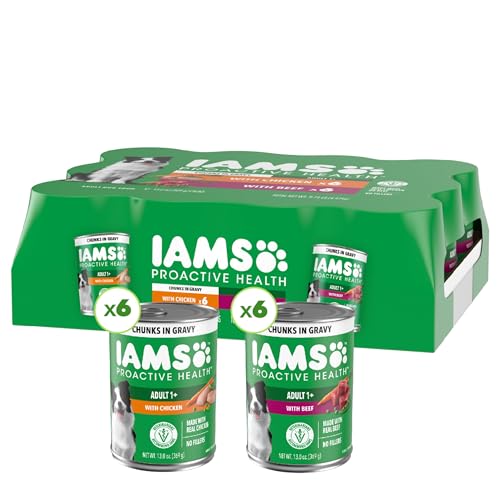 IAMS Proactive Health Adult Wet Dog Food Chicken Chunks in Gravy or Beef Chunks in Gravy, 13 oz. Cans (12 Count, Pack of 1)