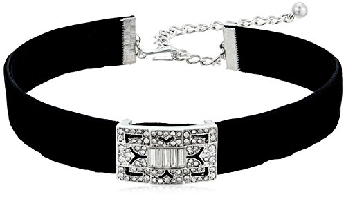 Kenneth Jay Lane Black Velvet with Silver/Crystal Deco Choker Necklace, 12" + 4" Extender