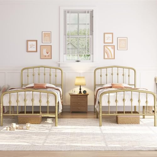 Yaheetech Twin Platform Bed Frame, Victorian Crown Headboard, 450lb Capacity, 13" Under-Bed Space, No Box Spring Needed, Antique Gold by Yaheetech - Image 3