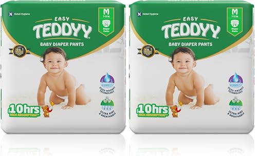 Image of TEDDYY Easy Baby M Size Diaper Pant Style | 74 Count (Medium) | 7-12 kg (Pack of 2) | Long Protection Hours | Anti-Bacterial | Airy Breathable Fit | Rapid Soaker Channels with Wetness Indicator